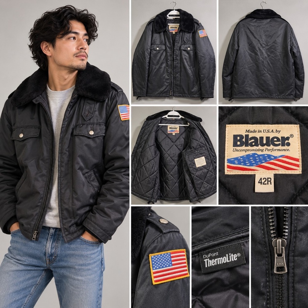 VTG USA BLAUER POLICE WINTER BLACK ZIP LINER THERMAL JACKET FUR COLLAR RARE 42R